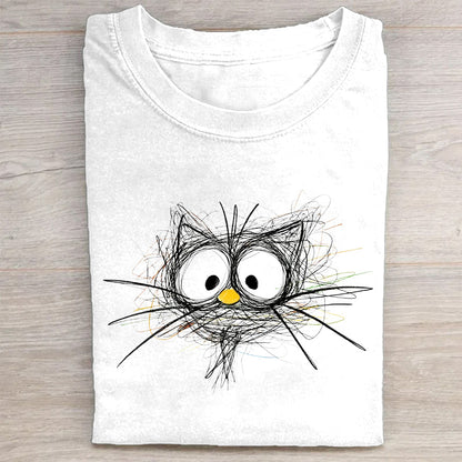 Abstract Cat Sketch Print Casual T-Shirt