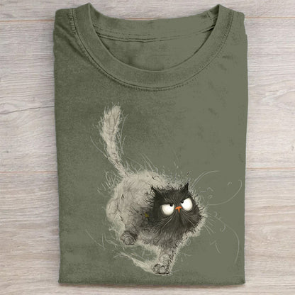 Fluffy Cat with Whiskers Graphic Print Round Neck T-Shirt