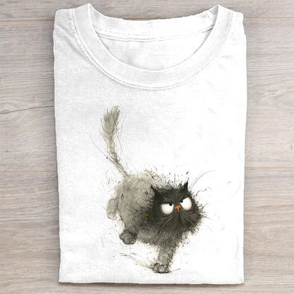 Fluffy Cat with Whiskers Graphic Print Round Neck T-Shirt