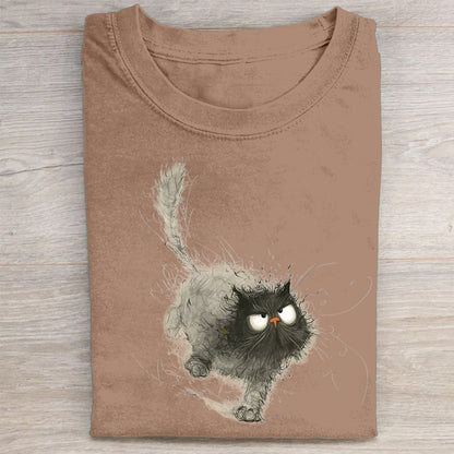 Fluffy Cat with Whiskers Graphic Print Round Neck T-Shirt