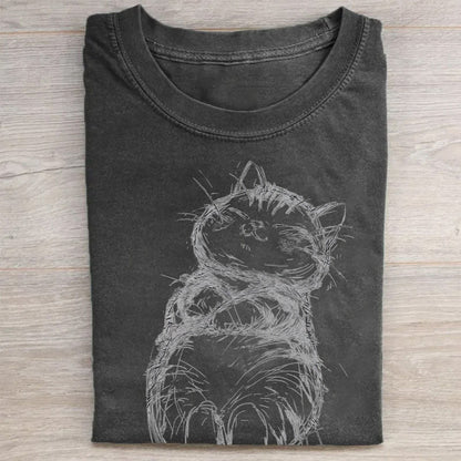 Whiskered Cat Sketch Graphic Print T-Shirt