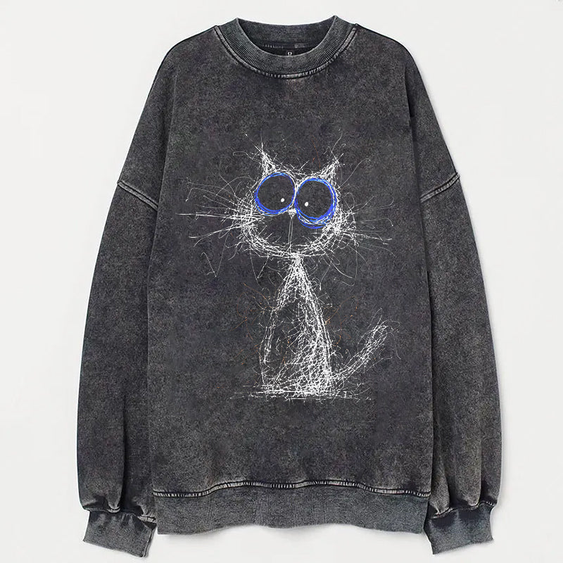 Abstract Cat Sketch with Blue Eyes Graphic Sweatshirt