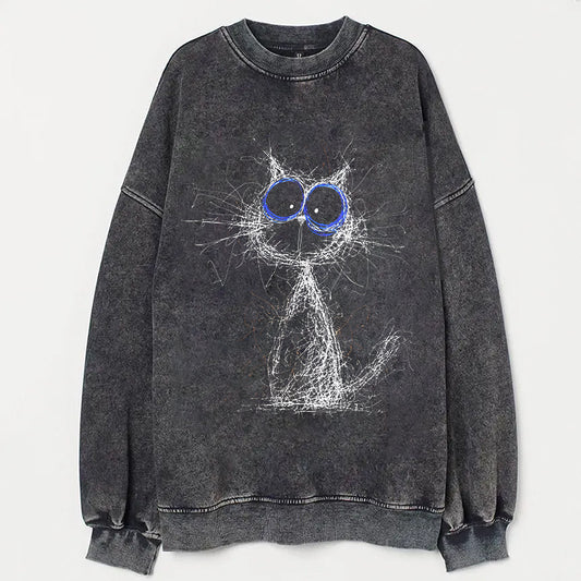 Abstract Cat Sketch with Blue Eyes Graphic Sweatshirt