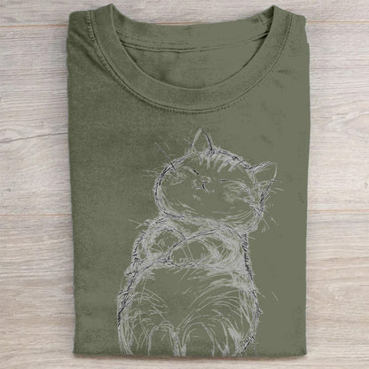 Whiskered Cat Sketch Graphic Print T-Shirt