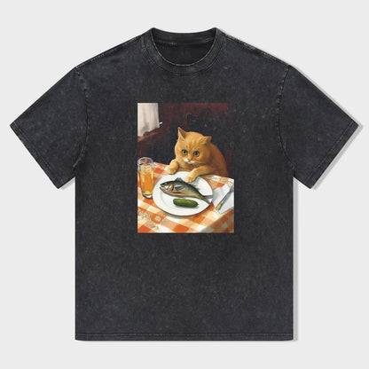 Cute Cat with Fish Print Casual T-Shirt