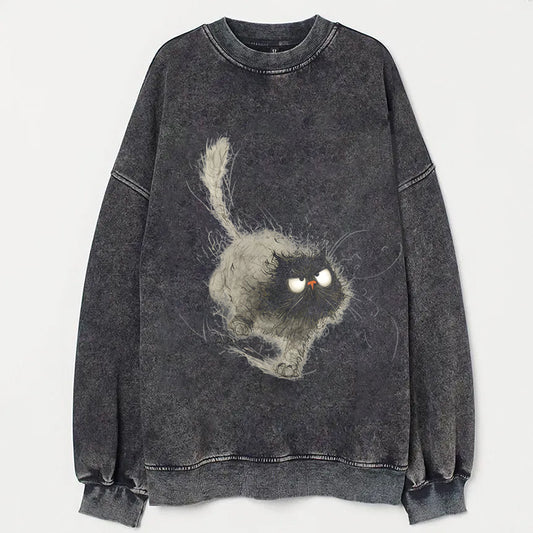 Fluffy Cat with Whiskers Graphic Print Round Neck Sweatshirt