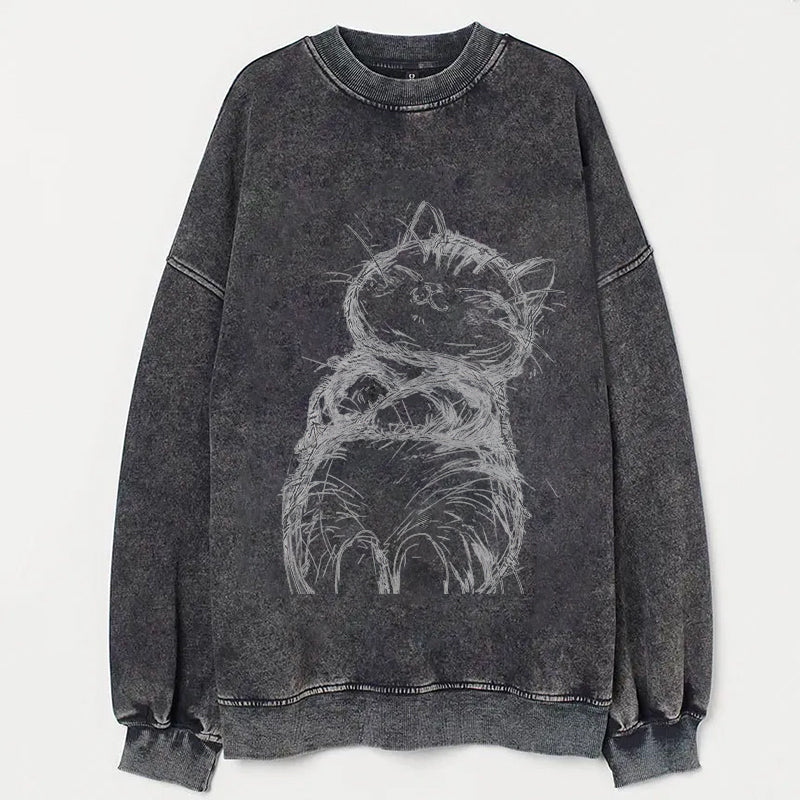 Whiskered Cat Sketch Graphic Print Sweatshirt