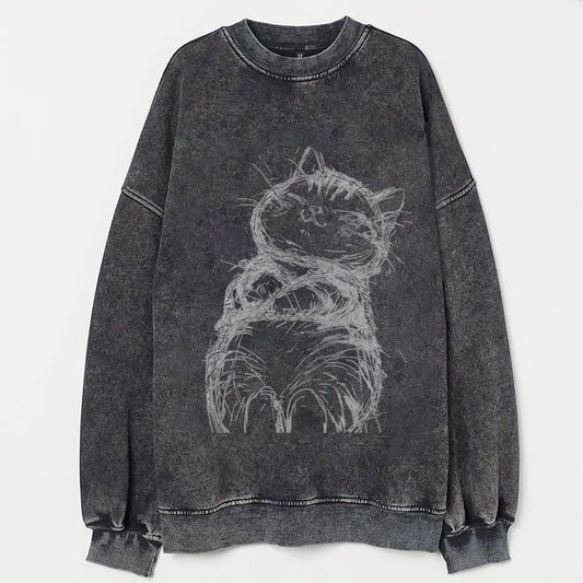 Whiskered Cat Sketch Graphic Print Sweatshirt