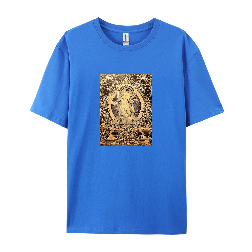 Buddhist Deity Art Print T-Shirt for Men Women  Spiritual Meditation Clothing  Unique Design Graphic Tee  Comfortable Casual Wear  Gold and Brown Pattern Top