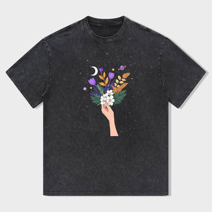 Short Sleeve Black T-Shirt with Hand Holding Floral Bouquet Print for Casual Wear
