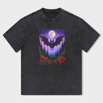 Halloween Bat Moon Night Forest Roses Graphic T-Shirt