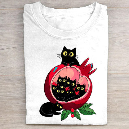 Cute Black Cat on Pomegranate Graphic T-Shirt