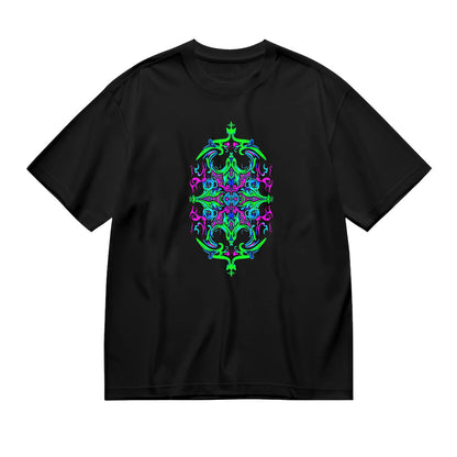 Black T-Shirt with Neon Green and Purple Ornate Graphic Design