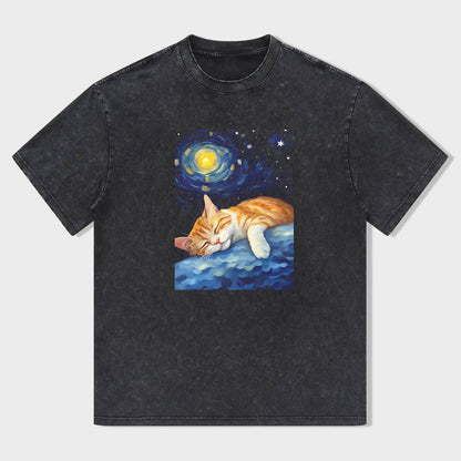 Short Sleeve Black T-Shirt with Dreamy Cat and Galaxy Print for Casual Wear