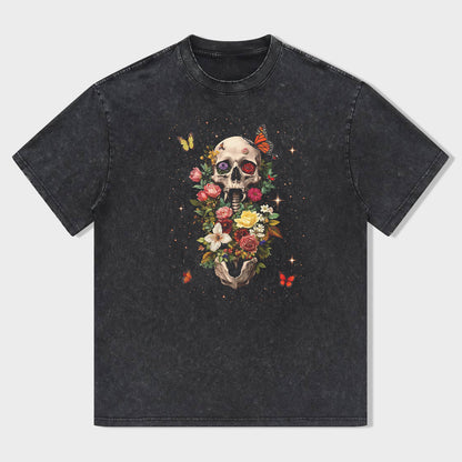 Round Neck Black T-Shirt with Skull Floral Print for Casual Wear