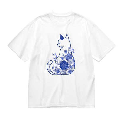 Blue Floral Cat Design Women's Casual T-Shirt