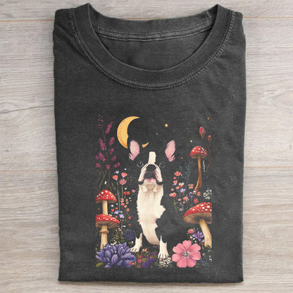 Enchanted Forest Cat T-Shirt with Moon Mushrooms and Flowers Graphic Design for Women Men Unisex Casual Tee