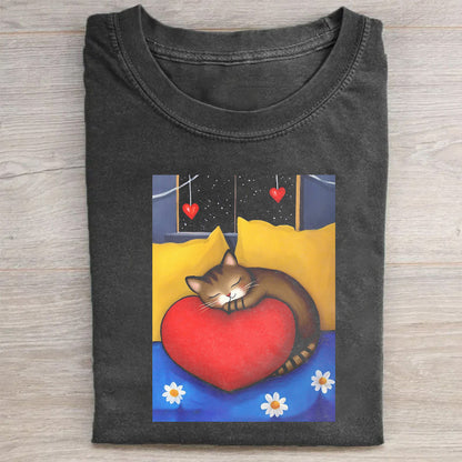 Crew Neck Black T-Shirt with Cat on Heart Print for Casual Wear