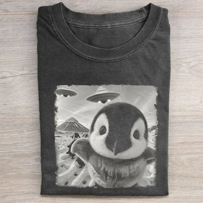 Emperor penguin pups Taking Selfie with UFOs Funny T-Shirt