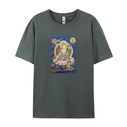 Buddhist Thangka Art T-Shirt for Men Women - White Cotton Tee with Traditional Tibetan Lotus Flower Design - Comfortable Casual Wear for Yoga Meditation and Daily Use