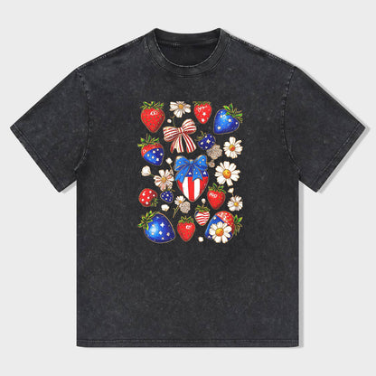 Patriotic Strawberry and Daisy Print T-Shirt