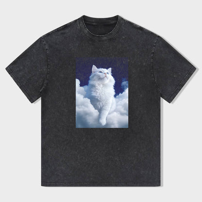 Cute White Cat in Clouds Graphic T-Shirt