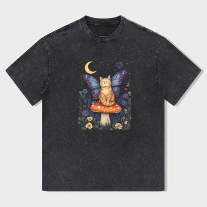 Magical Cat on Mushroom with Butterfly Wings Graphic T-Shirt