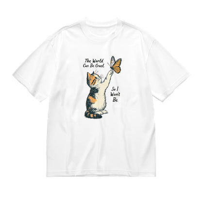 Short Sleeve White T-Shirt with Cat and Butterfly The World Can Be Cruel So I Won't Be Print for Casual Wear