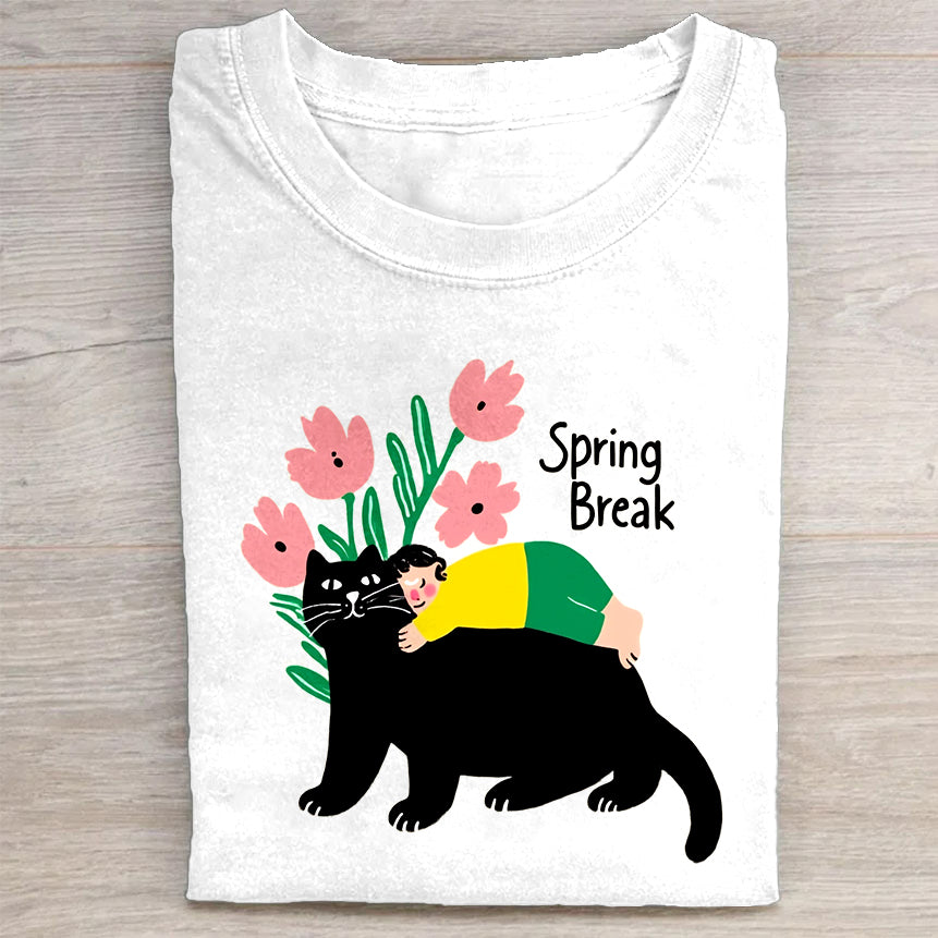 Spring Break Black Cat with Flowers Graphic T-Shirt