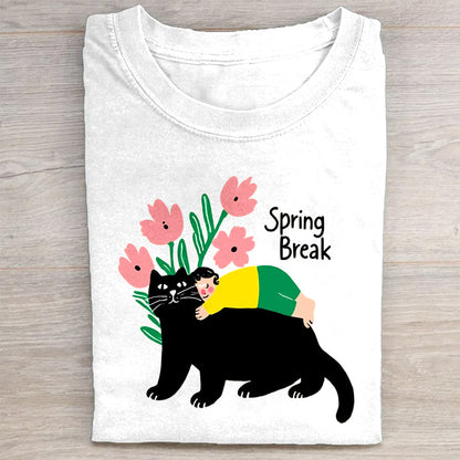 Spring Break Black Cat with Flowers Graphic T-Shirt