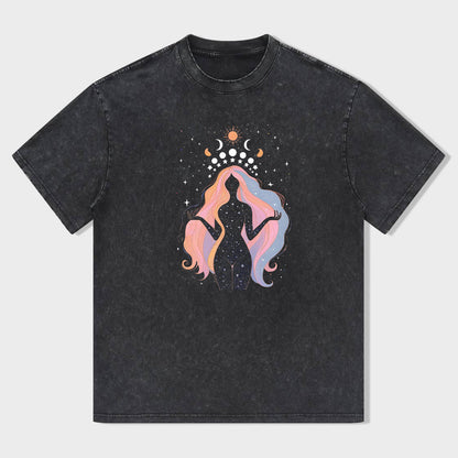 Women's Crew Neck T-Shirt Black Cosmic Goddess Print Casual Wear