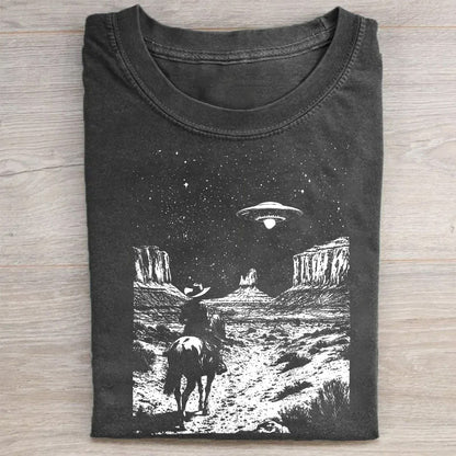 Retro Western Cowboy with UFOs Funny Unisex T-Shirt