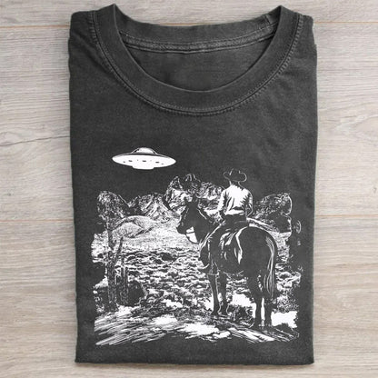 Western Cowboy with UFOs Funny Unisex T-Shirt