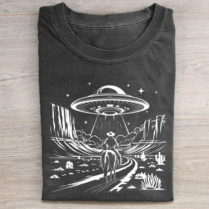Western Cowboy with UFOs Funny Unisex T-Shirt