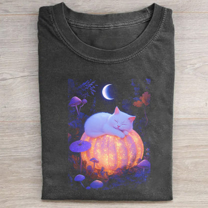 Cute Cat on Pumpkin Halloween Graphic T-Shirt