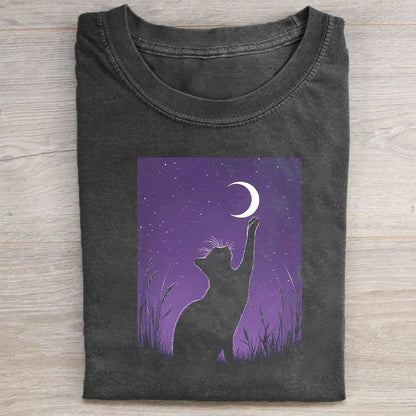 Cat Reaching for Crescent Moon Graphic T-Shirt