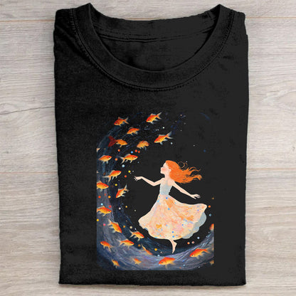Black T-Shirt with Girl and Leaves Graphic Design - Unique Art Print T-Shirt