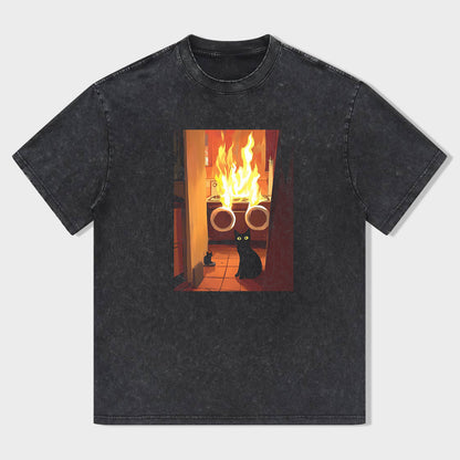 Black Cat by Fireplace Graphic T-Shirt