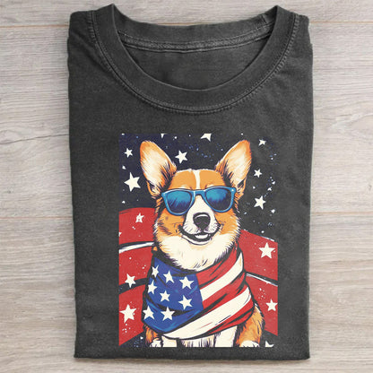 Patriotic Corgi with American Flag Bandana and Sunglasses T-Shirt
