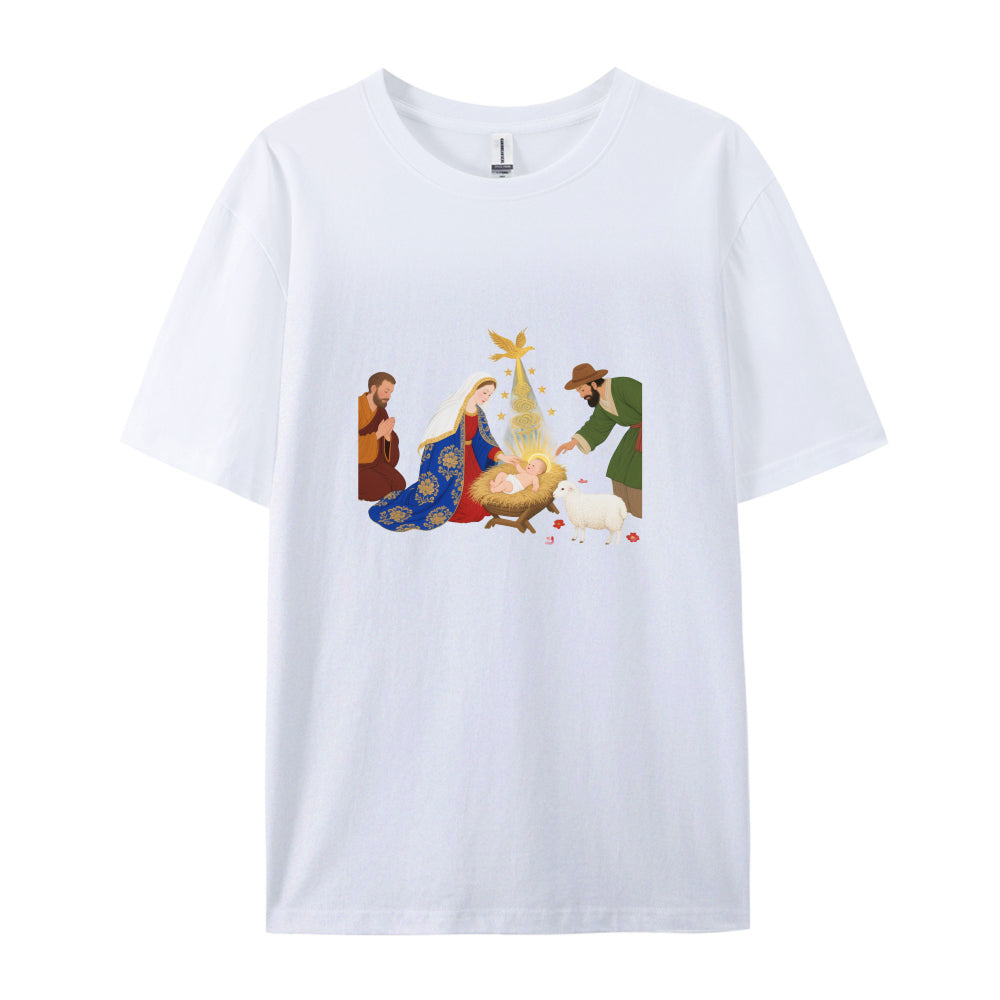 Christmas Nativity Scene T-Shirt  Festive Holiday Jesus Birth Design  Men Women Unisex Graphic Tee  Xmas Gift Idea for Family Friends  Comfortable Soft Cotton Blend Material  White Crewneck Top with Vibrant Print
