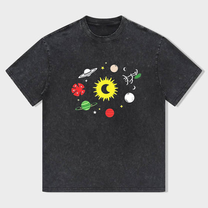 Short Sleeve Black T-Shirt with Colorful Solar System Print for Casual Wear