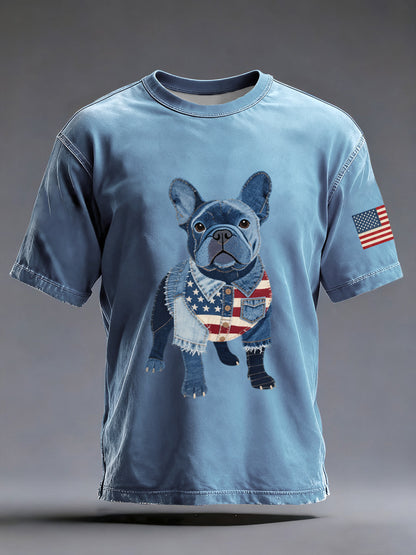 Denim Patchwork Art French Bulldog Pattern Washed T-Shirt For Men