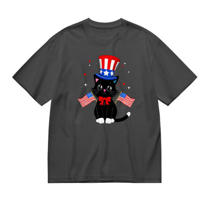 Patriotic Black Cat with American Flags T-Shirt