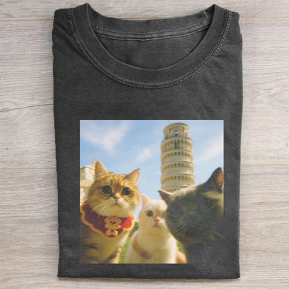 Cat Taking Selfie with Tower of Pisa Funny T-Shirt