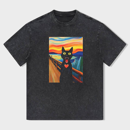 Short Sleeve Black T-Shirt with Cat Scream Art Print for Casual Wear