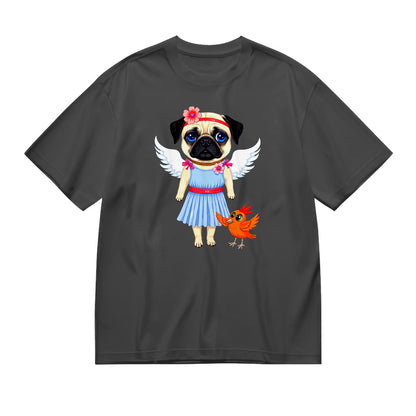 Cute Pug Angel with Bird Graphic T-Shirt