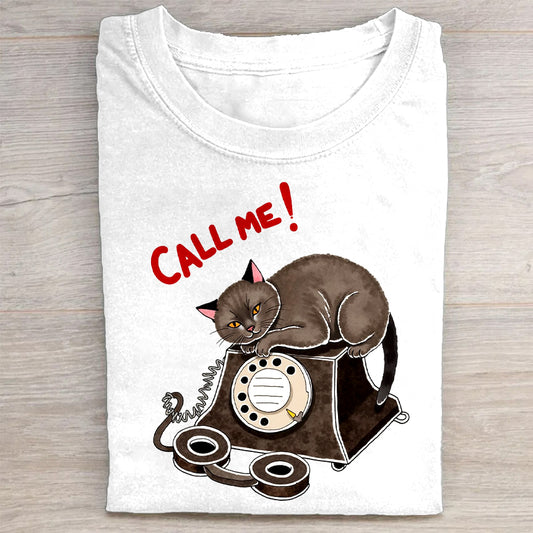 Call Me! Cat and Phone Graphic White T-Shirt