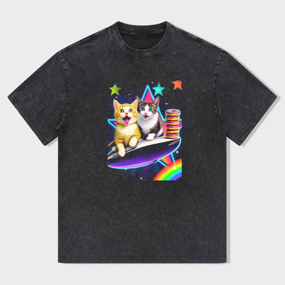 Cute Cat and Dog on Rainbow Surfboard Graphic T-Shirt