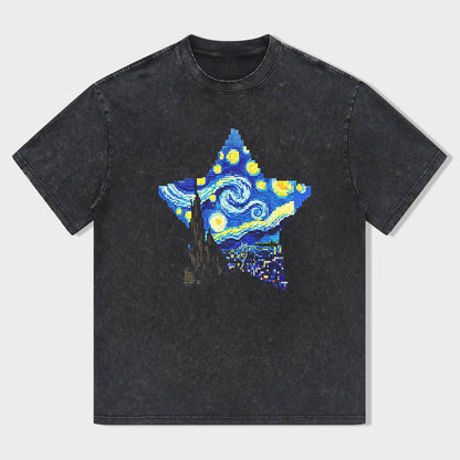 Short Sleeve Black T-Shirt with Starry Night Star Print for Casual Wear