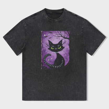 Round Neck Black T-Shirt with Halloween Cat and Moon Print for Festive Wear
